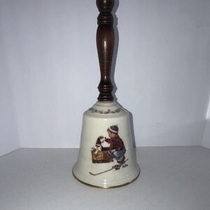 Gorham Porcelain Bell A Boy Meets His Dog Collectible Wooden Handle 1979